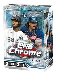 Topps Chrome 2021 Baseball Blaster Box featuring MLB players on the packaging