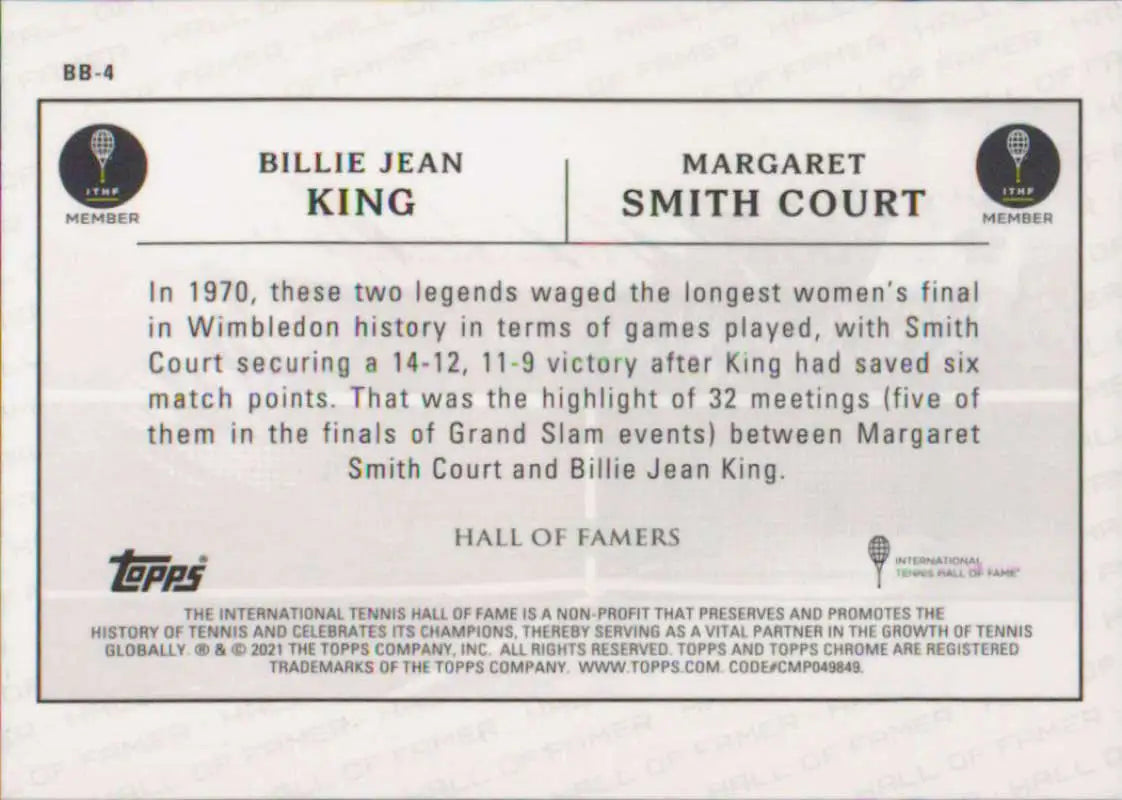 Trading card featuring Billie Jean King and Margaret Smith Court from 1970 Wimbledon