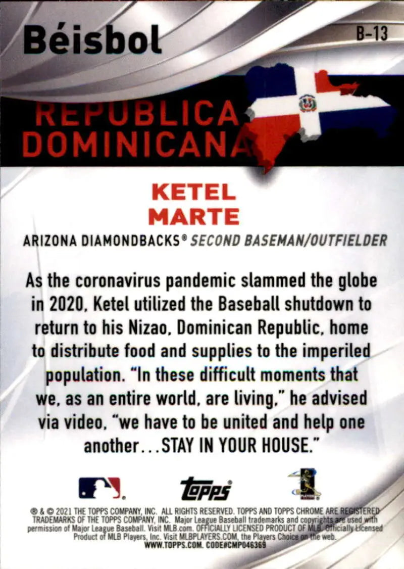 Baseball card of Ketel Marte with Dominican Republic flag and pandemic response info