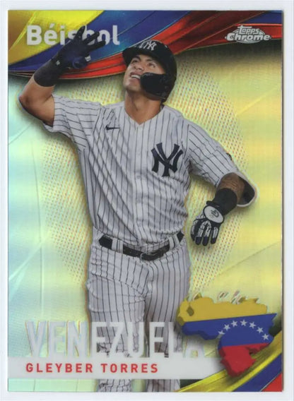 Chrome refractor baseball card of Gleyber Torres with Venezuelan flag, Topps Chrome Beisbol