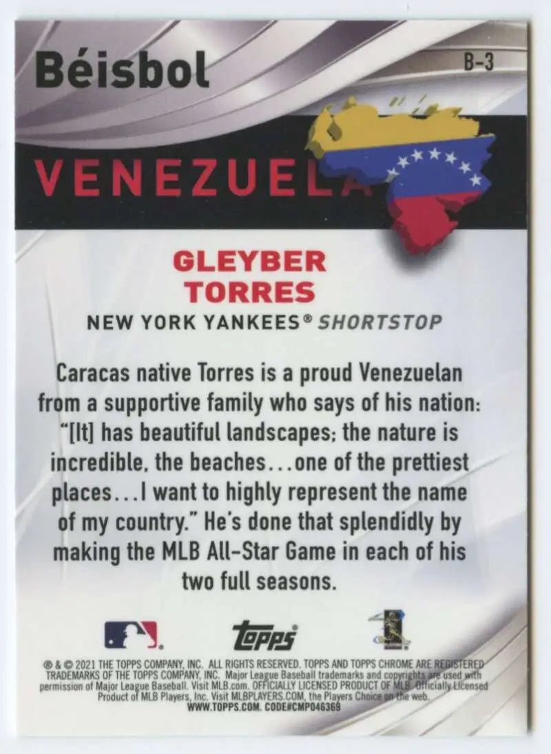 Baseball card featuring Gleyber Torres with Venezuela and Yankees design in Topps Chrome Beisbol