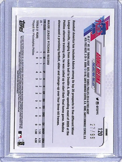 Back side of 2021 Topps Chrome Green Refractor Adonis Medina RC card with stats