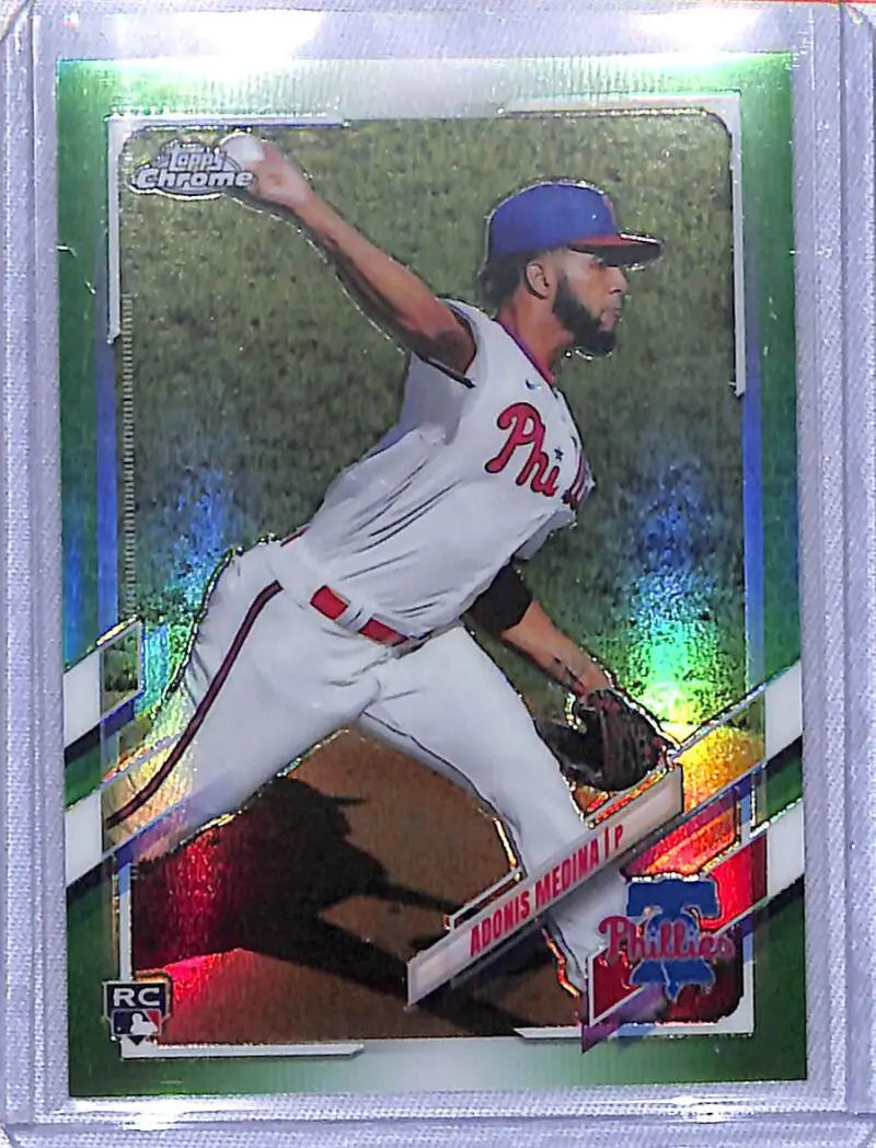 Chrome-finish green refractor baseball card of Adonis Medina, Philadelphia Phillies rookie