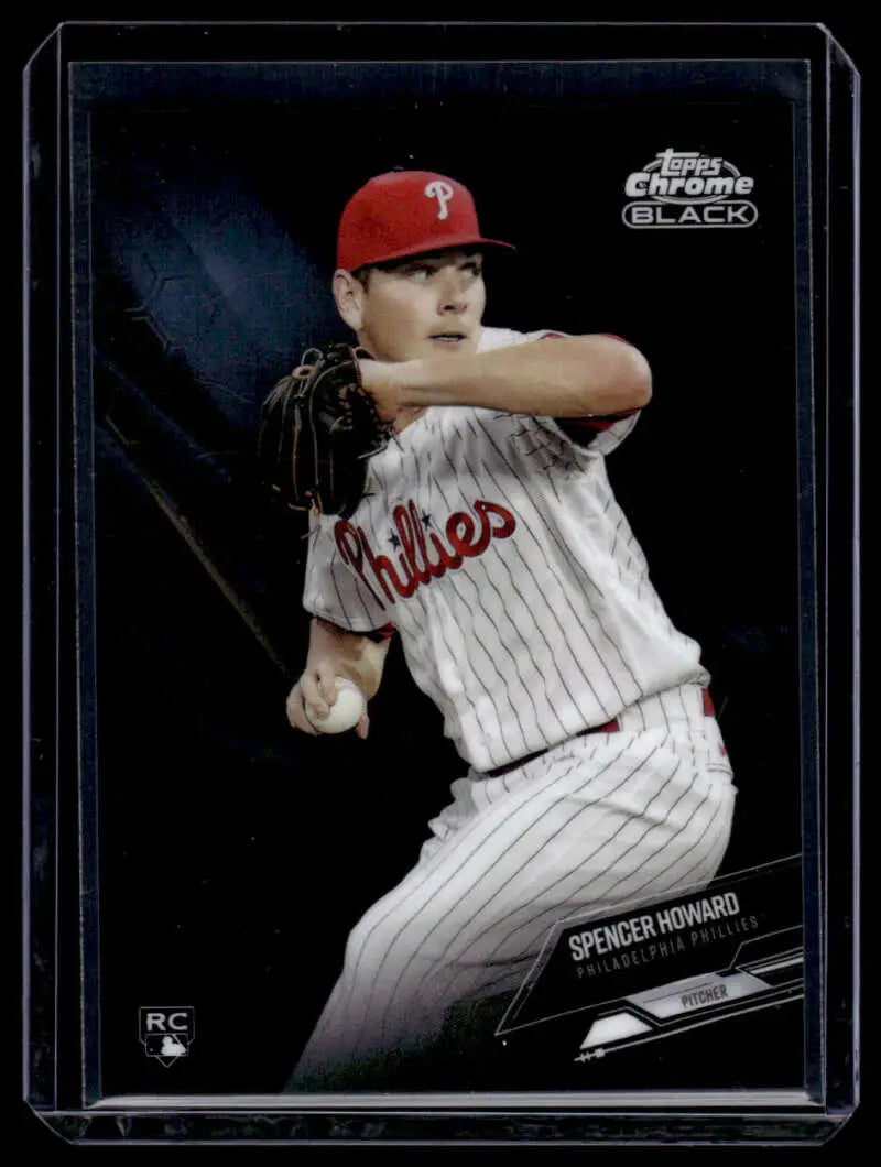 Baseball trading card of Spencer Howard in mid-throwing pose from Topps Chrome Black