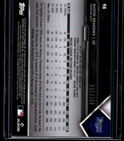 Back of 2021 Topps Chrome Black #98 baseball card displaying Austin Meadows stats for Tampa Bay Rays