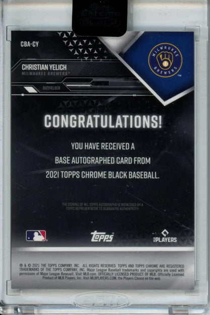 Back side of 2021 Topps Chrome Black baseball card autographed by Christian Yelich