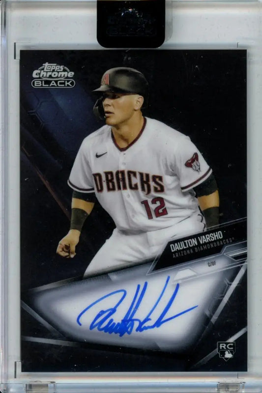 Baseball trading card of Daulton Varsho in white uniform, Topps Chrome Black Autograph