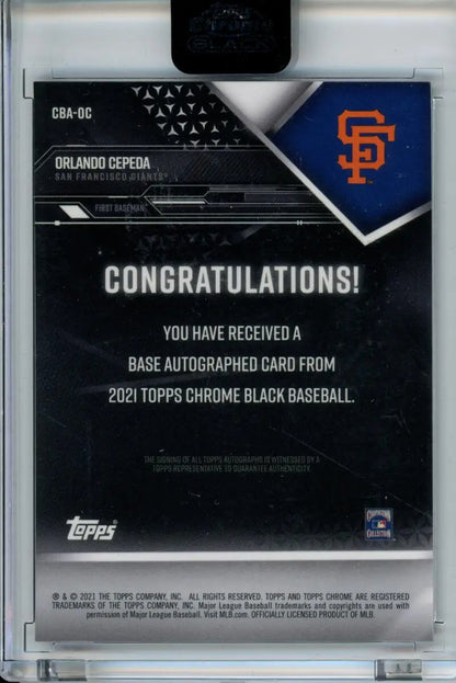 Back of 2021 Topps Chrome Black card with San Francisco Giants logo and Orlando Cepeda autograph