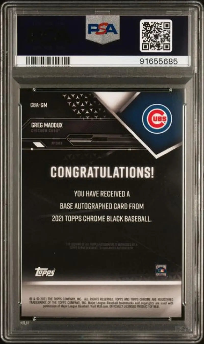 PSA-graded congratulatory card for 2021 Topps Chrome Black Greg Maddux Auto