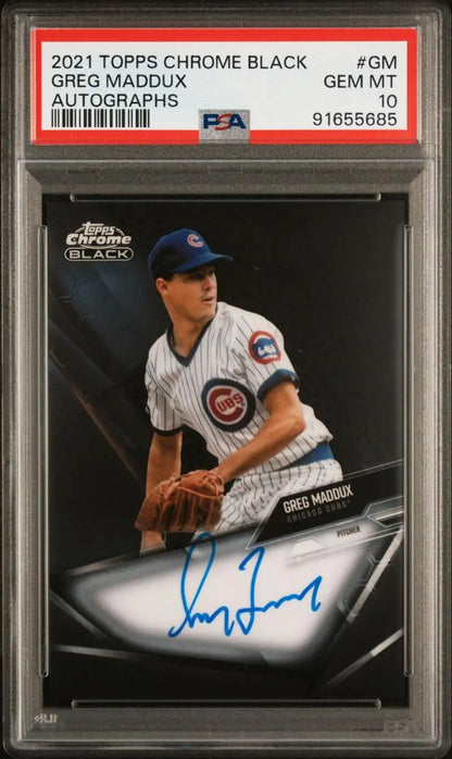 PSA-graded 2021 Topps Chrome Black Greg Maddux autographed baseball card Chicago Cubs