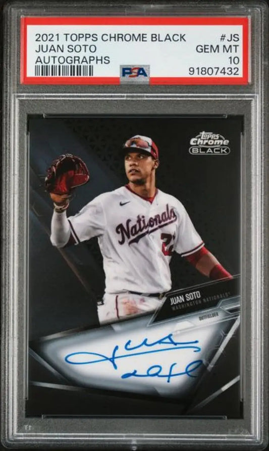 PSA 10 Gem Mint Juan Soto Autographed 2021 Topps Chrome Black Washington Nationals Card