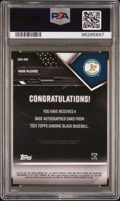 PSA-graded Topps Chrome Black Mark McGwire card redemption notice in holder