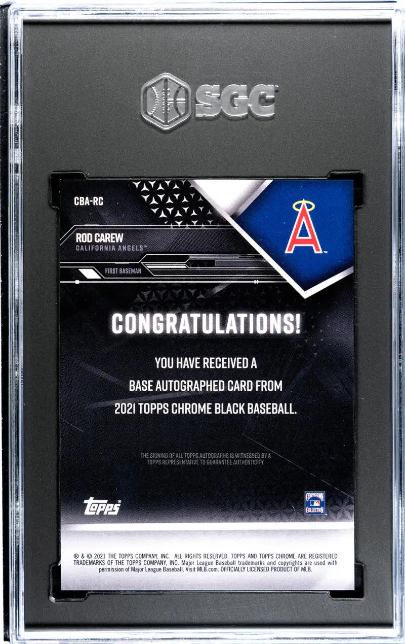 Baseball card congratulations insert from 2021 Topps Chrome Black featuring Rod Carew