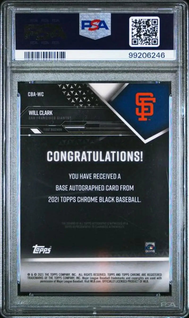 PSA-graded 2021 Topps Chrome Black Will Clark card back with San Francisco Giants logo