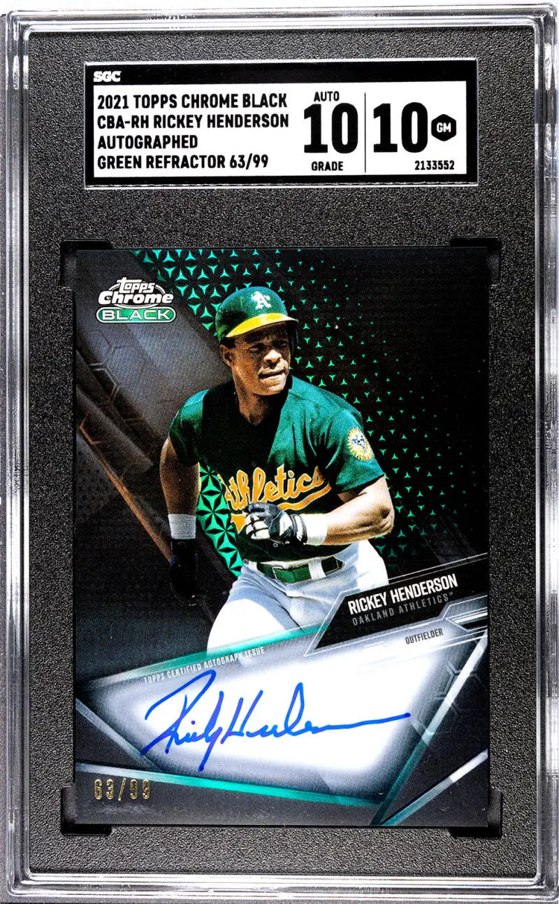 Graded BGS 10 Topps Chrome Black baseball card of Rickey Henderson, Oakland Athletics, autographed