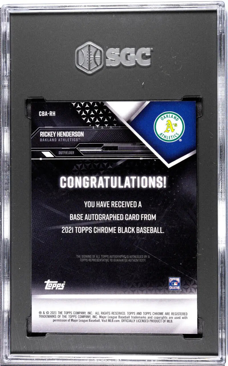 SGC-graded 2021 Topps Chrome Black Rickey Henderson Baseball Card with Congratulations message