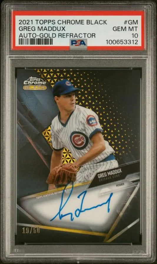 2021 Topps Chrome Black Refractor Gold #CBA-GM Greg Maddux PSA 10 GEM MINT Auto 19/50 Chicago Cubs Baseball Card Image 1