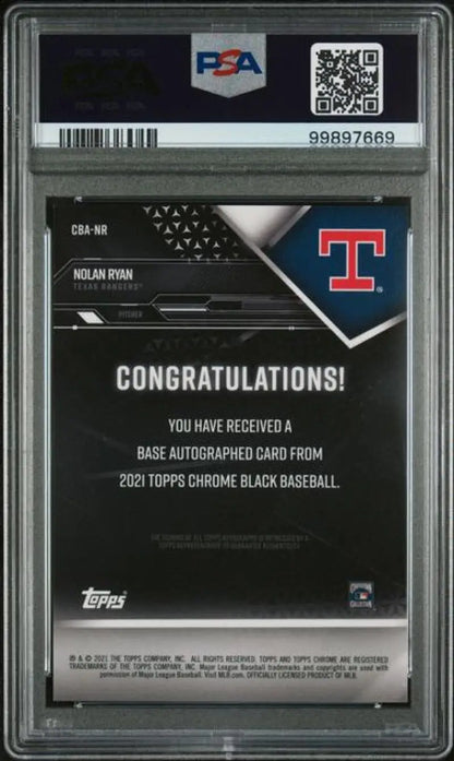 PSA-graded Topps Chrome Black baseball card back featuring Nolan Ryan Texas Rangers info