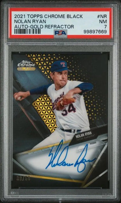 PSA-graded 2021 Topps Chrome Black Nolan Ryan autographed refractor Texas Rangers baseball card