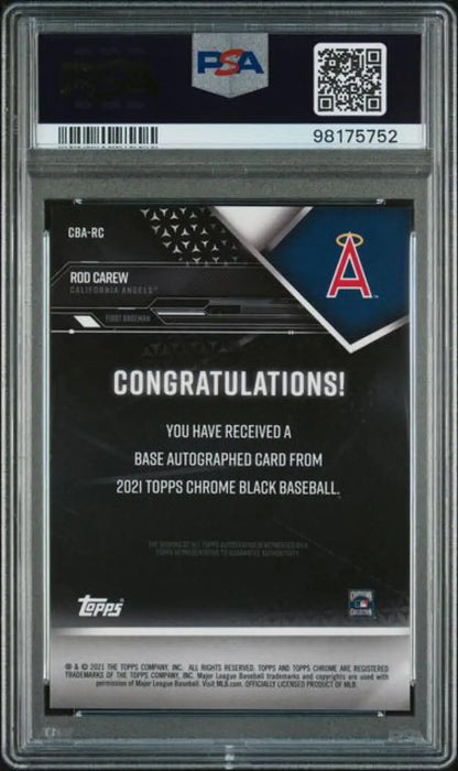 Back side of Rod Carew 2021 Topps Chrome Black Refractor baseball card with congratulatory text