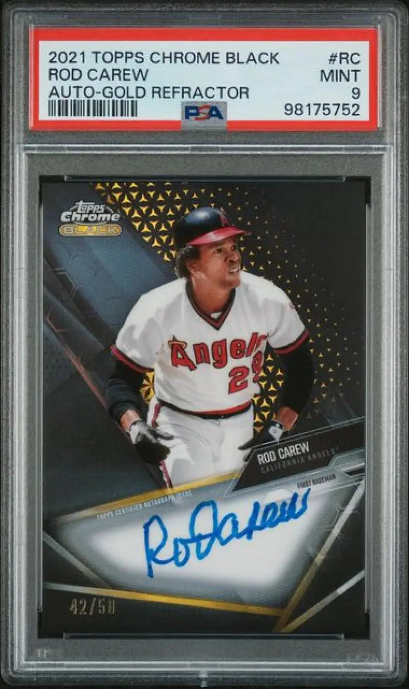 PSA-graded 2021 Topps Chrome Black Refractor Gold Rod Carew Baseball Card with Auto