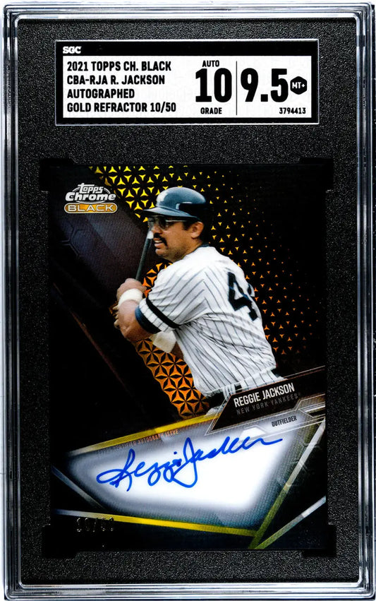 Graded Reggie Jackson Black Refractor Gold baseball card with Auto 10 in protective holder