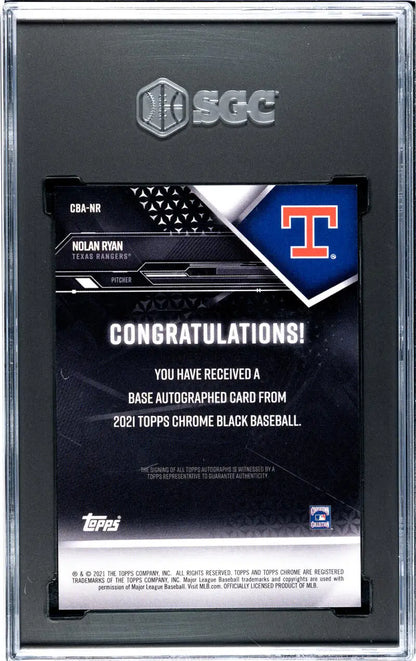 Back of 2021 Topps Chrome Black Nolan Ryan card with Texas Rangers logo and congratulatory text