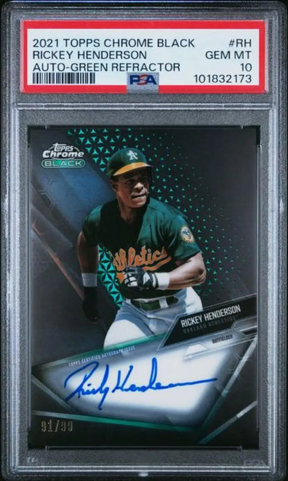 Rickey Henderson autographed Topps Chrome Black Refractor Green baseball card PSA 10