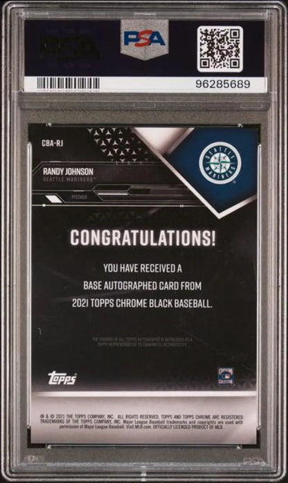 PSA-graded 2021 Topps Chrome Black Randy Johnson auto card back with CONGRATULATIONS text