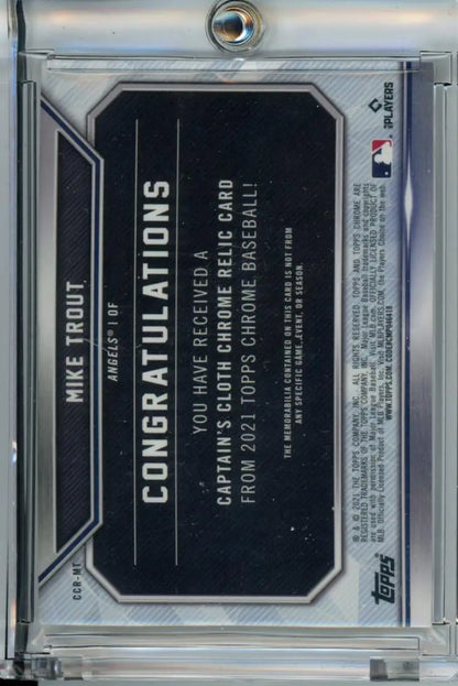 Black trading card featuring Congratulations text, Mike Trout Los Angeles Angels Cloth Relics Refractor