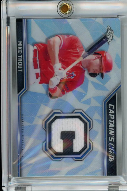 Baseball trading card of Mike Trout, Los Angeles Angels, with cloth relics refractor patch