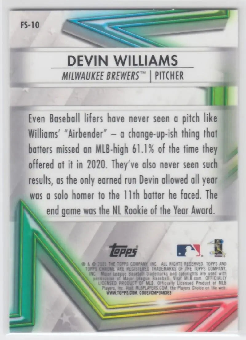 Devin Williams Airbender changeup stats on 2021 Topps Chrome Future Stars Refractor card