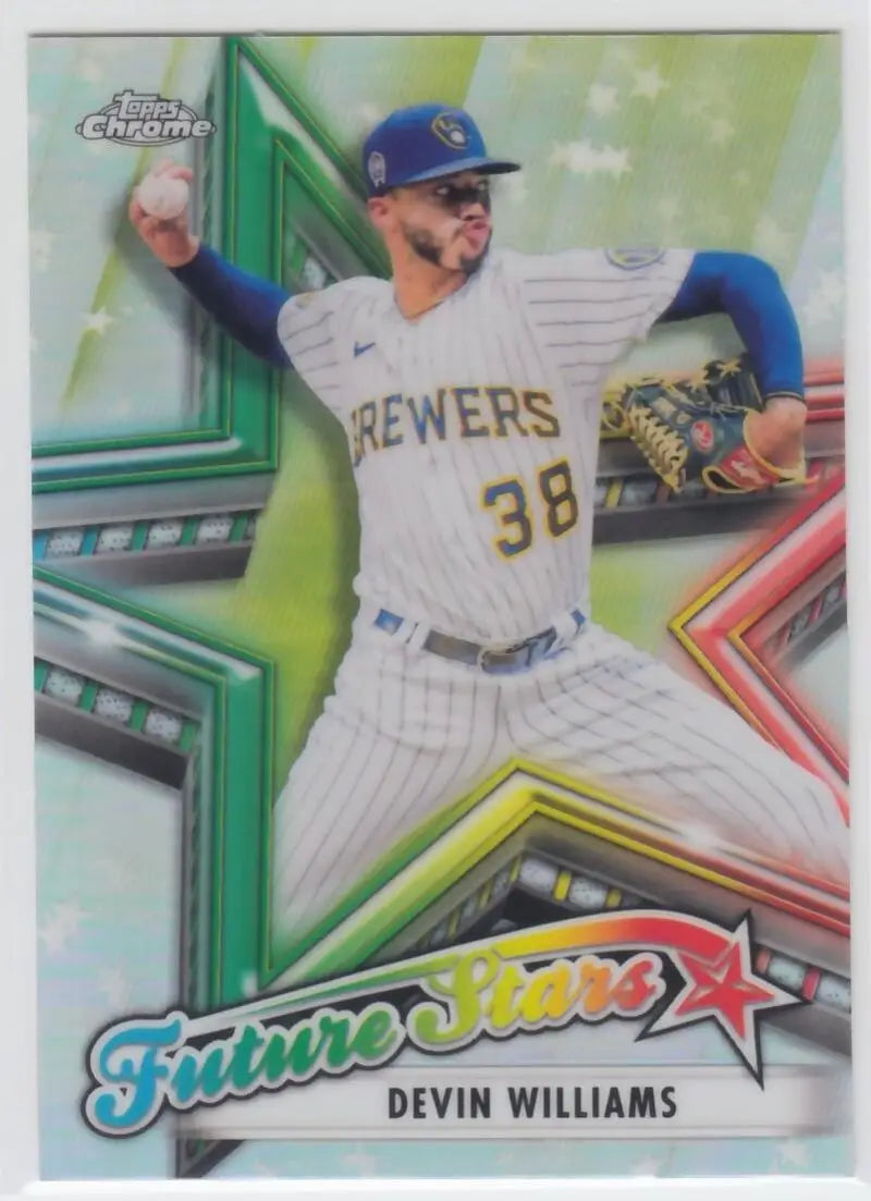 Devin Williams pitching in white pinstripes on a Topps Chrome Future Stars Refractor card