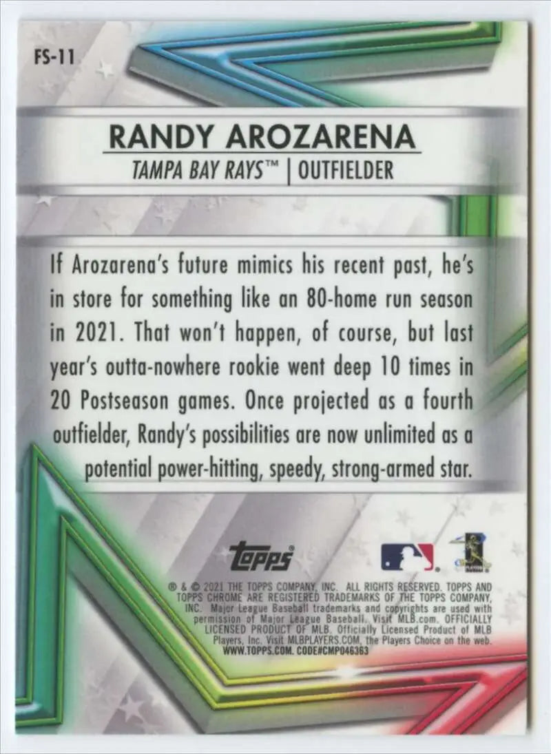 Tampa Bay Rays Randy Arozarena Future Stars Refractor baseball card highlighting his potential