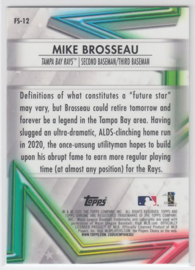 Baseball card of Mike Brosseau highlighting career with Tampa Bay Rays Future Stars Refractor