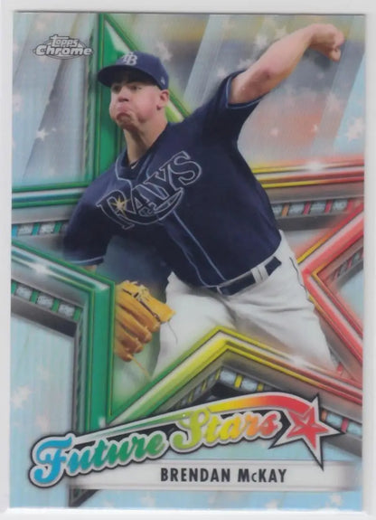 Brendan McKay delivering pitch in navy uniform on Tampa Bay Rays baseball card