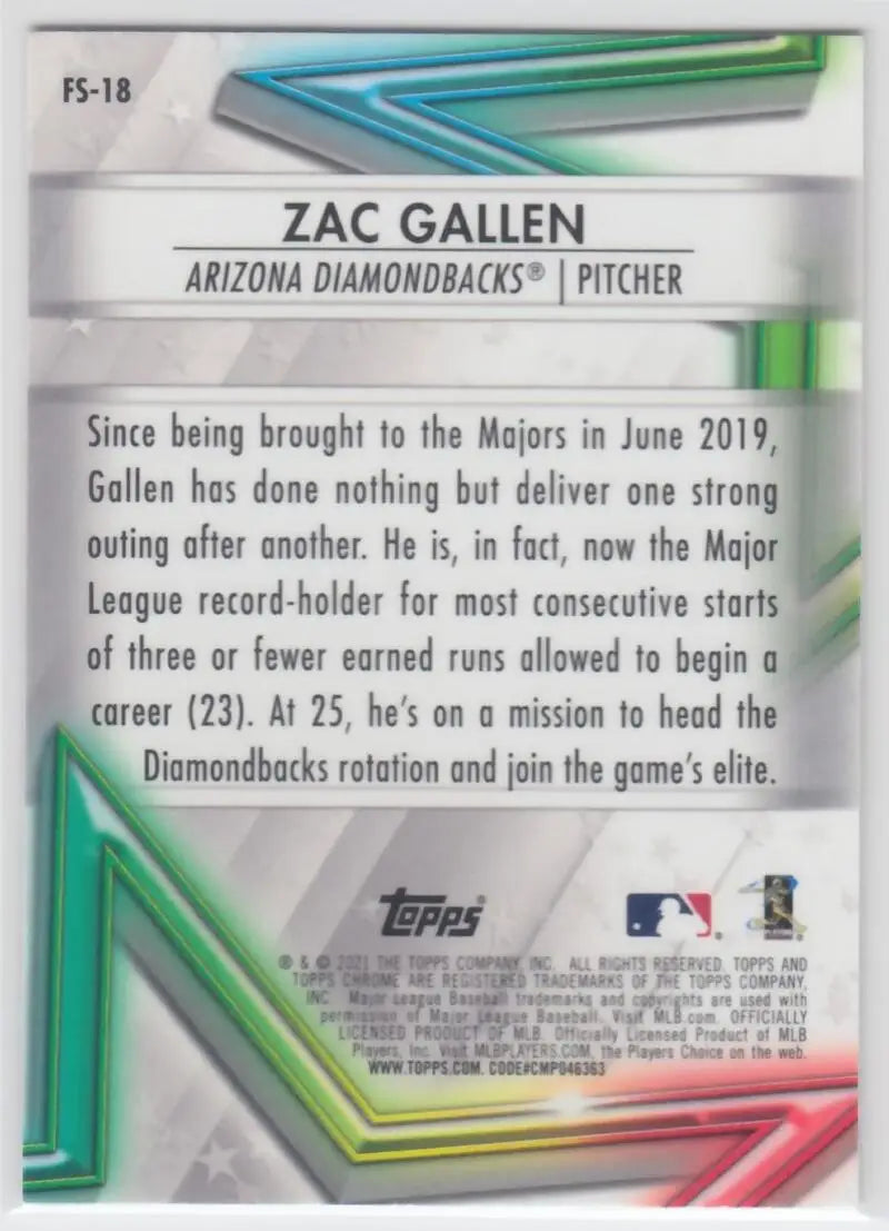 Zac Gallen 2021 Topps Chrome Future Stars Refractor baseball card with stats