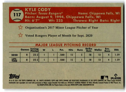 Baseball card featuring Kyle Cody pitching stats from Topps Chrome Platinum Anniversary set