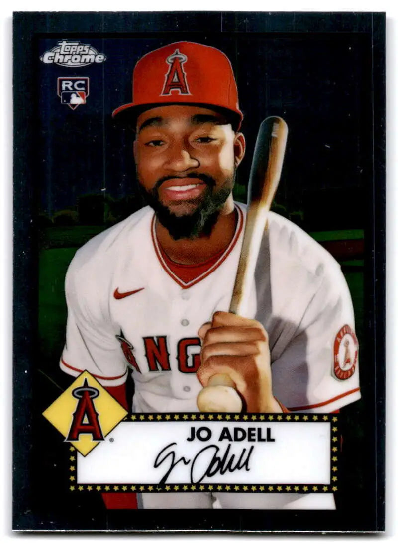 Baseball card of Jo Adell in a white uniform for Los Angeles Angels Rookie RC