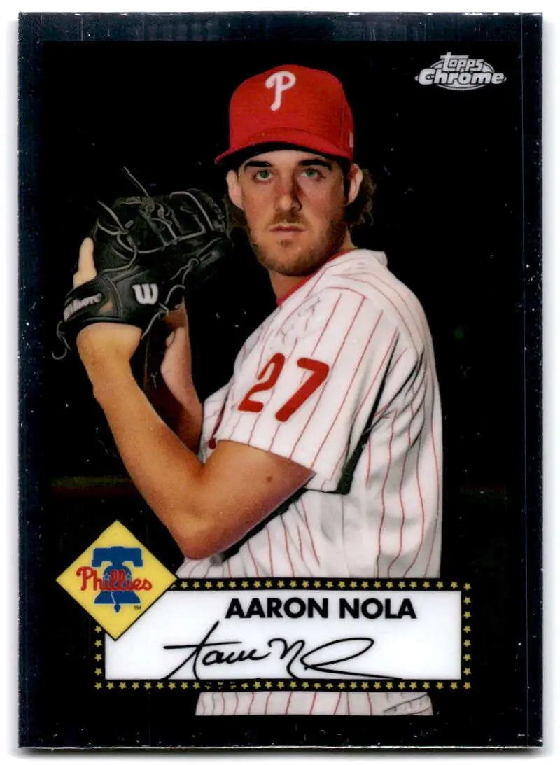 Aaron Nola 2021 Topps Chrome Platinum Anniversary Baseball Card in Phillies pinstripes