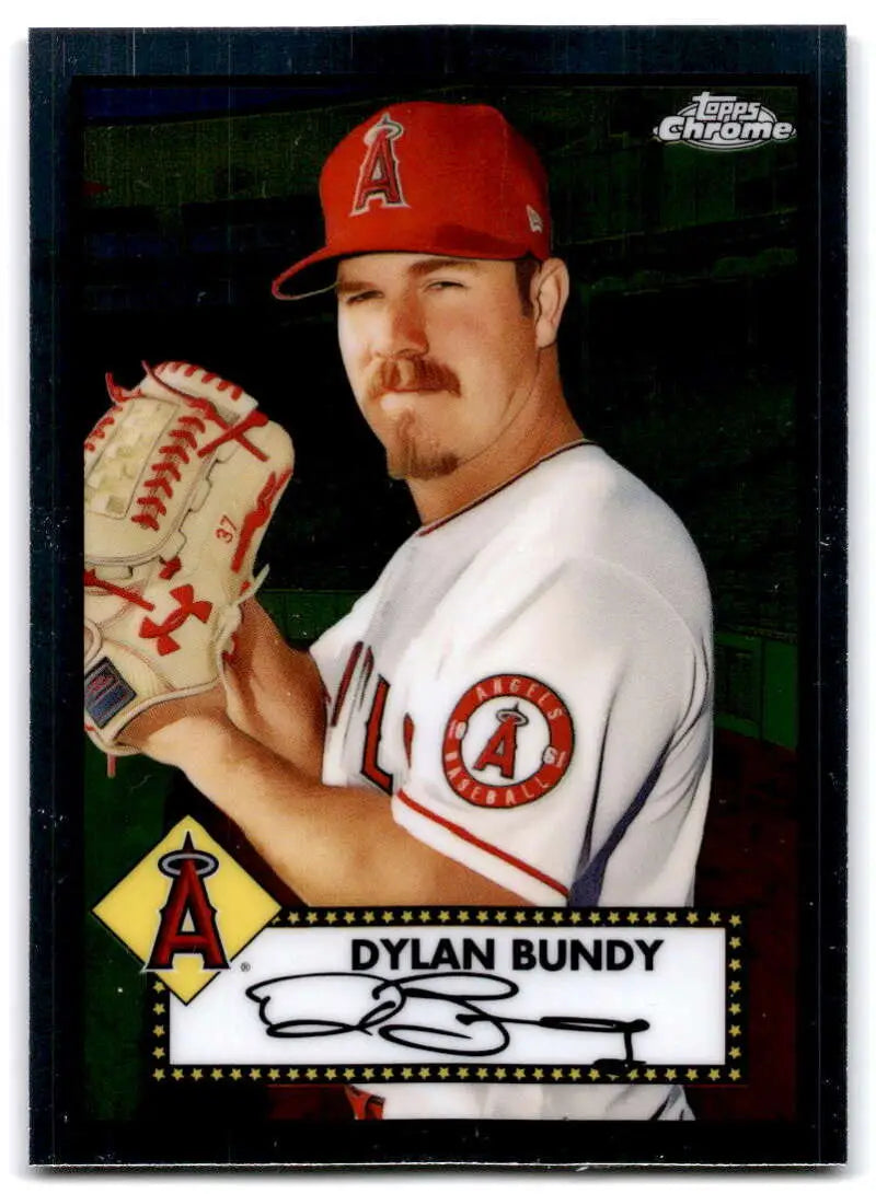 Baseball card of Dylan Bundy, Los Angeles Angels pitcher in white uniform and red cap