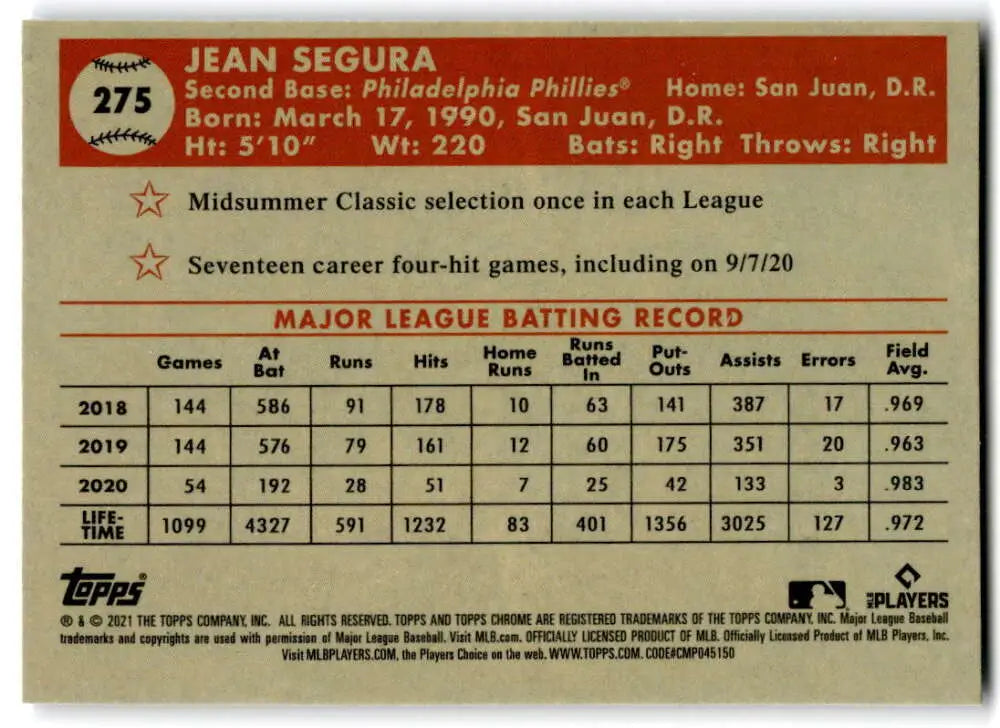 2021 Topps Chrome Platinum Anniversary Jean Segura baseball card with stats and info