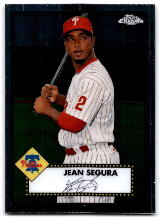 Baseball trading card of Jean Segura in Phillies pinstripes from Topps Chrome Platinum Anniversary