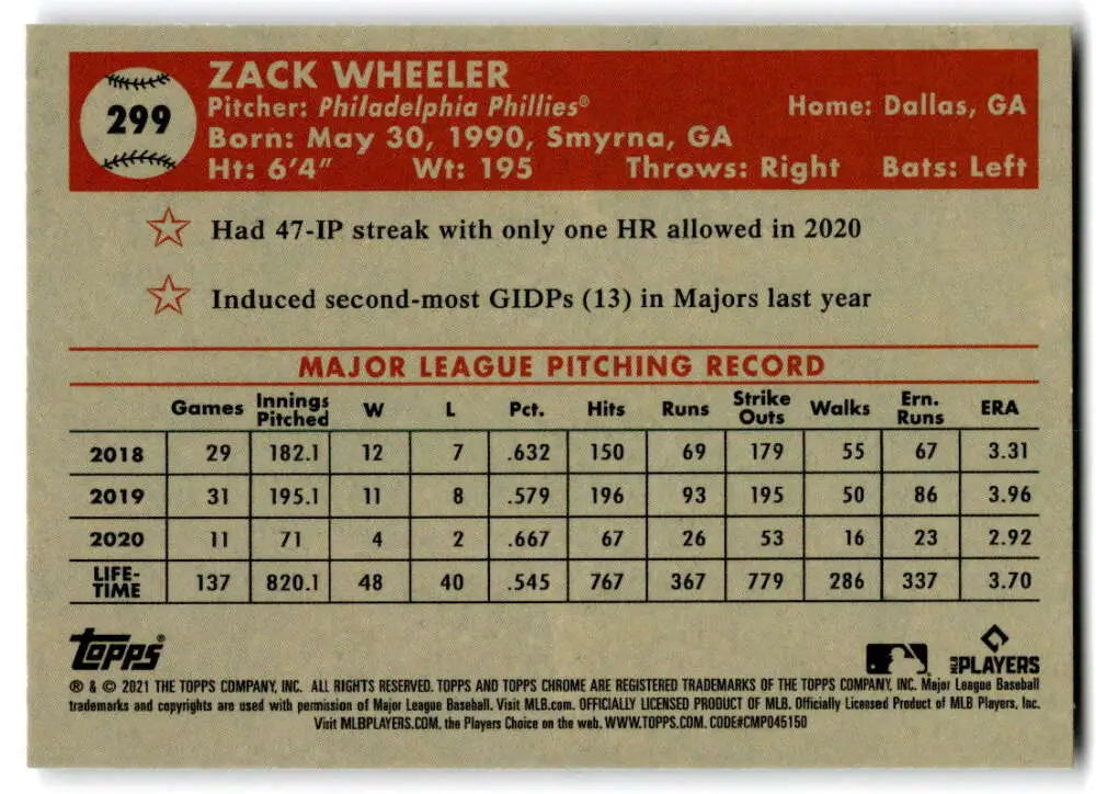 Zack Wheeler Philadelphia Phillies Baseball Card with MLB pitching stats Platinum Anniversary