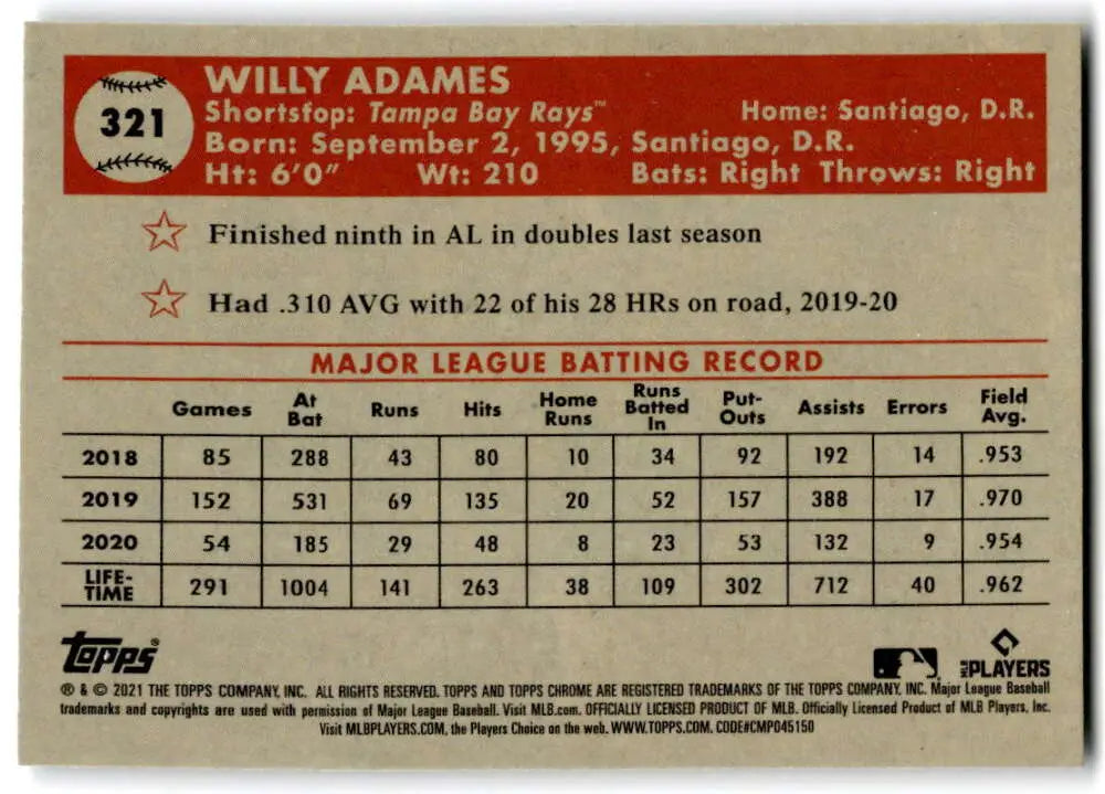 Baseball card of Willy Adames featuring MLB stats from Topps Chrome Platinum Anniversary