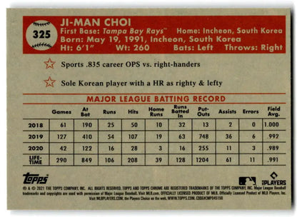 Baseball card showcasing Ji-Man Choi’s MLB stats 2018-2020 for Topps Chrome Platinum Anniversary