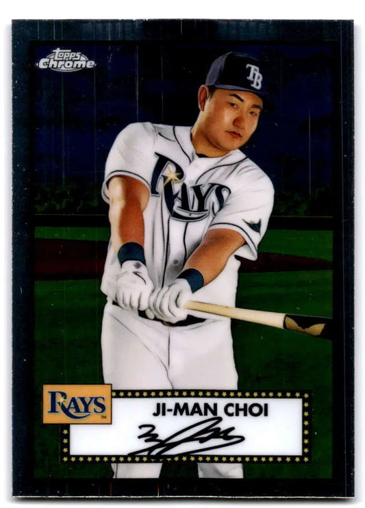 Tampa Bay Rays player Ji-man Choi swinging bat on 2021 Topps Chrome Platinum card