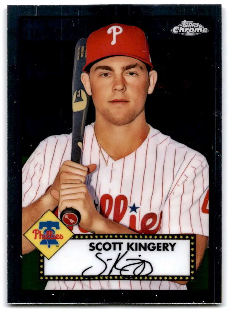 Phillies player Scott Kingery in pinstriped uniform on Topps Chrome Platinum card