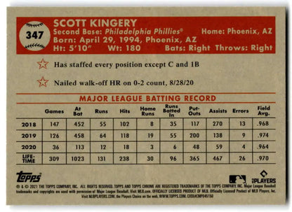 Scott Kingery’s Philadelphia Phillies stats on 2021 Topps Chrome Platinum Anniversary card