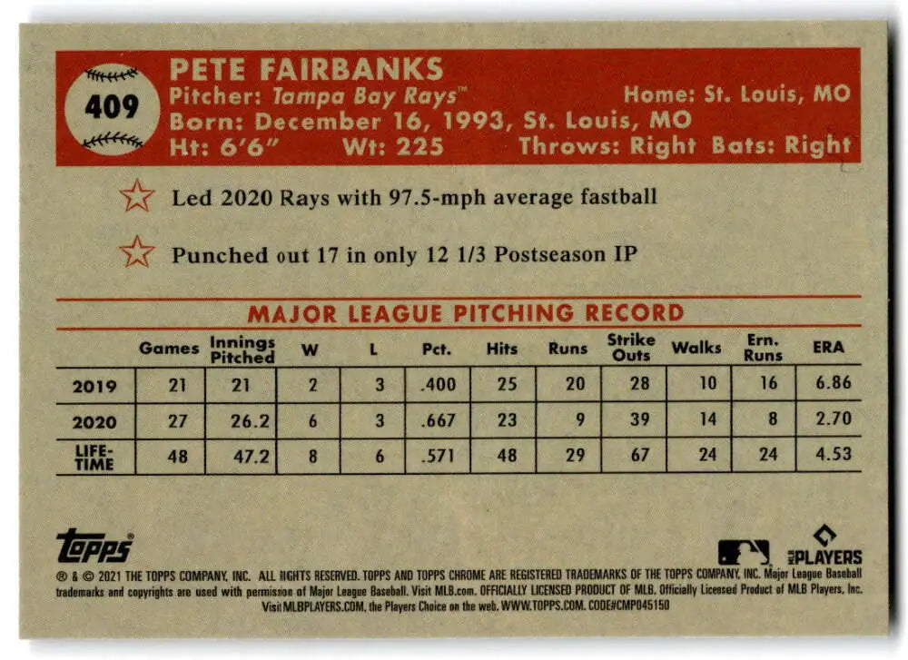 Baseball card featuring Pete Fairbanks’ 2019-2020 MLB stats, Chrome Platinum Anniversary